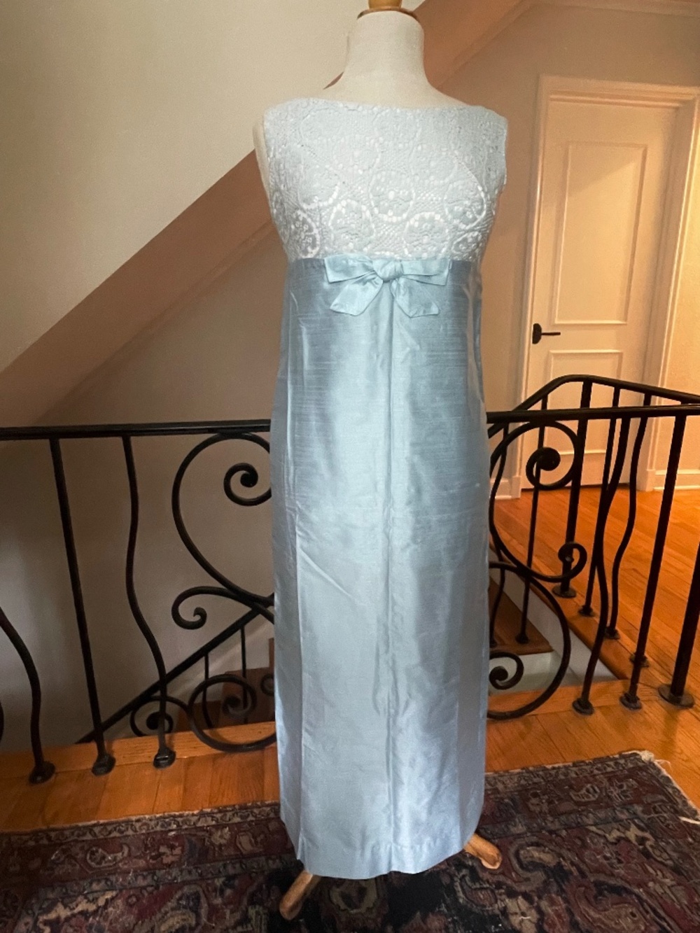 Vintage Jackie empire waist maxi  ball gown lace and Dupioni with bow